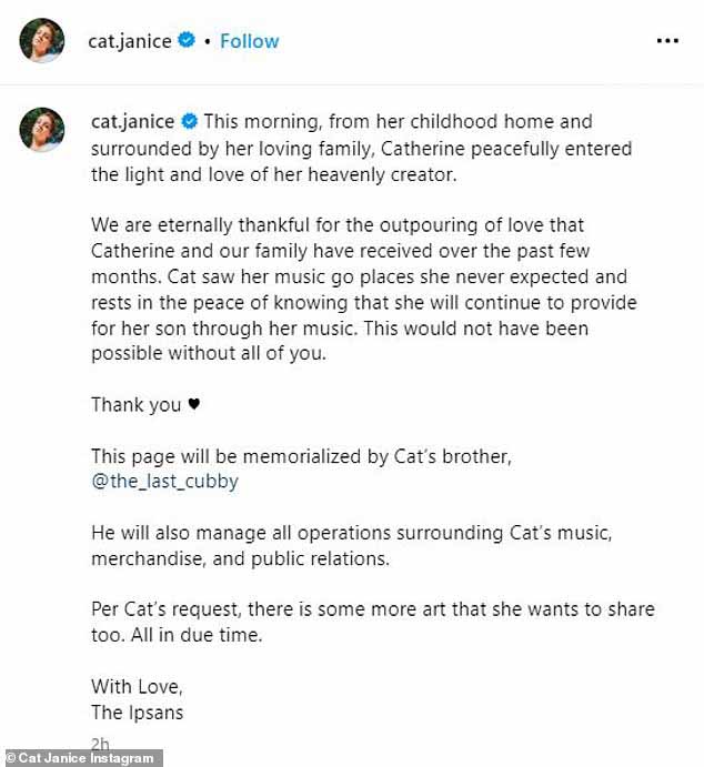 В заявлении, опубликованном в Instagram, близкие 31-летней исполнительницы рассказали, что она умерла в доме своего детства, «в окружении любящей семьи».