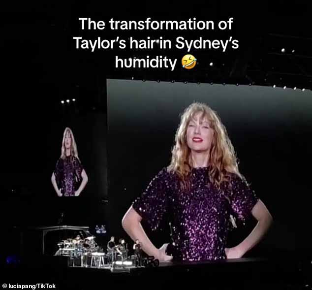 Австралийка Swiftie поделилась в социальных сетях клипом, на котором запечатлены потрясающие изменения в волосах Тейлор Свифт (на фото) во время ее выступления в Сиднее в субботу.  Звезда TikTok Люсия Панг разместила на платформе клип, показывающий, как волосы Свифта изменились из-за влажности в Сиднее.