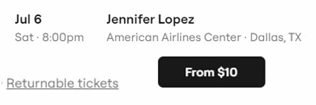Билеты на выступление Лопес в Центре American Airlines в Далласе, штат Техас, 6 июля, продаются за 10 долларов на сайте перепродажи Seat Checker — на 26 долларов меньше, чем стоимость одной из ее кепок с сувенирами.