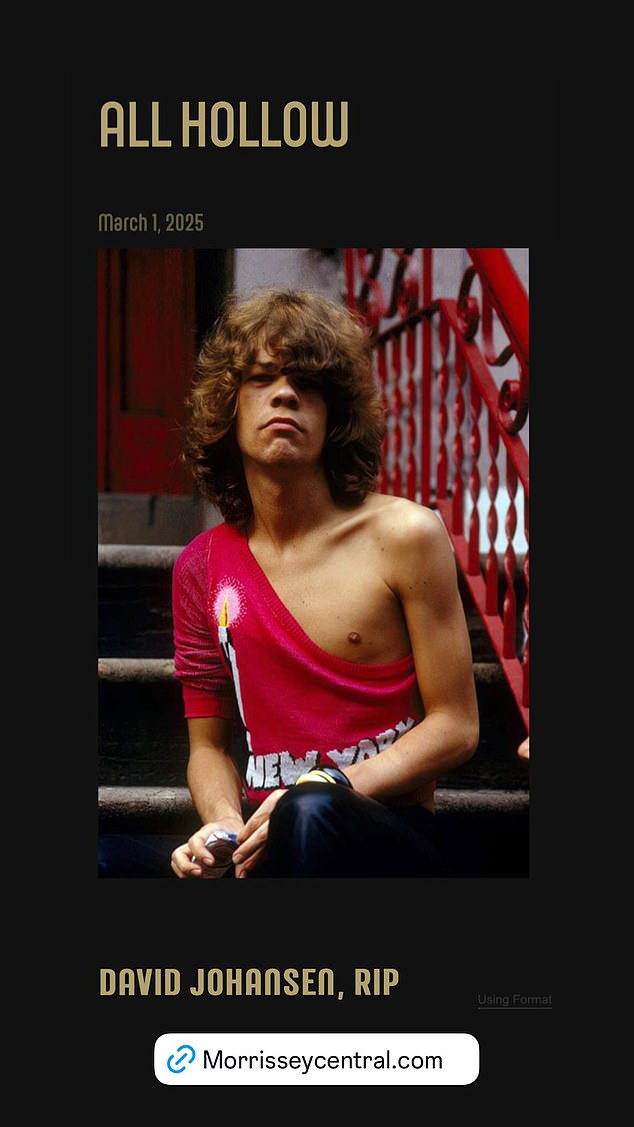 Моррисси, давний поклонник группы, который когда-то руководил фан-клубом New York Dolls и написал краткую биографию о них, прежде чем создать The Smiths, поделился фотографией Йохансена с простой подписью: 