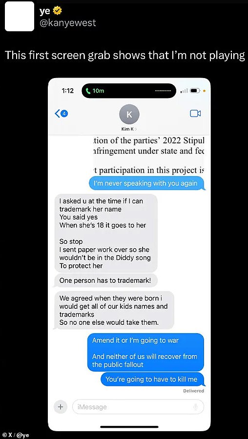 Узнав, что Ким владеет авторскими правами на имя их дочери, Канье, похоже, написал ей: 
