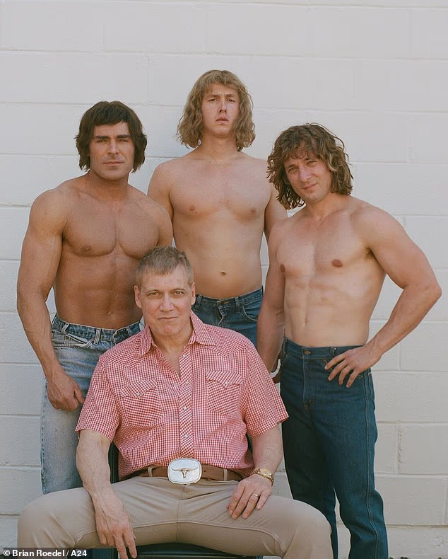 Efron is seen with (left to right) Holt McCallany, Harris Dickinson, and Jeremy Allen White in 2023 biographical film The Iron Claw about the legendary Von Erich pro-wrestling family